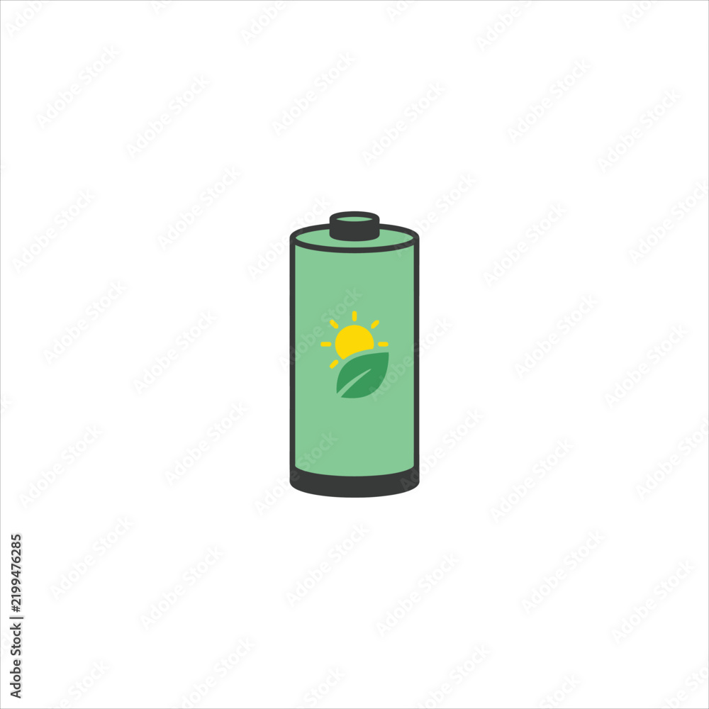 Fototapeta premium Green battery icon with sun and leaf graphic representing renewable solar energy storage system