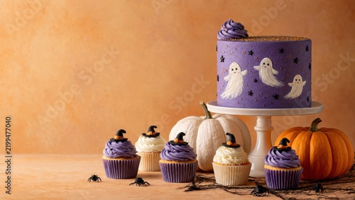 Purple Halloween cake with painted ghosts, witch hat cupcakes and pumpkins arranged for a festive dessert party