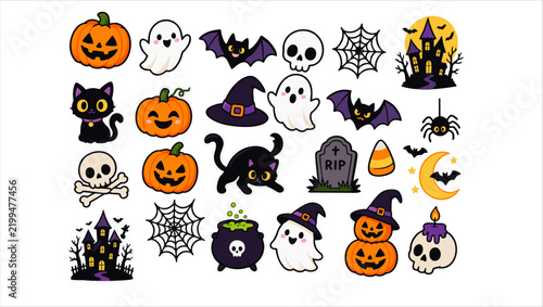 Cute Halloween Vector Sticker Sheet with Pumpkins, Bats, Ghosts, Skulls, Spider Webs, Black Cats and Haunted Houses