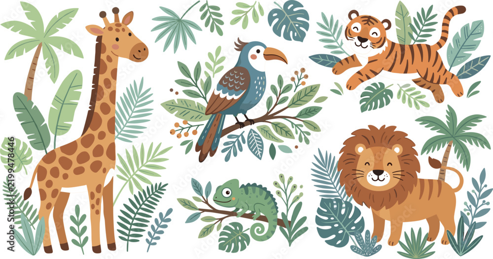 Fototapeta premium Cute Safari Animals and Tropical Jungle Leaves Vector Set with Giraffe Lion Tiger Toucan and Chameleon for Nursery Decor and Kids Prints