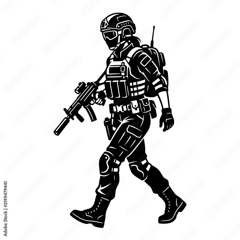 Fototapeta premium Modern soldier walking with rifle tactical gear and backpack isolated illustration
