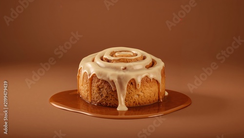 Cinnamon Roll With Creamy Icing on a Brown Surface