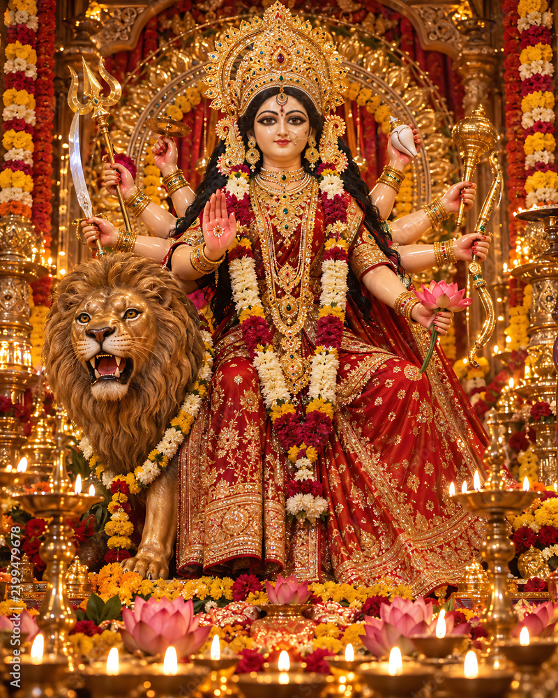 Fototapeta premium Navratri Durga Pooja Dandiya Garba Celebration with Traditional Indian Festive Decorations, Colorful Lights, Spiritual Ambience and Vibrant Cultural Festival Background