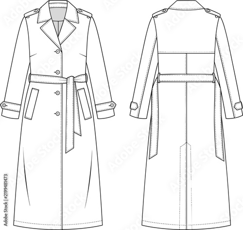 Long Trench Coat Front Back Belt Epaulette Fashion Sketch