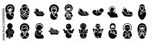 baby jesus silhouette simple Christmas icon set, flat black color and pure white background