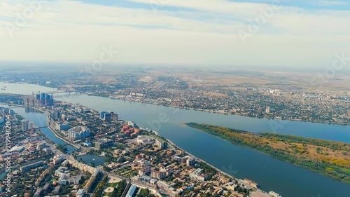 Astrakhan, Russia. The Volga River and the embankment of the city of Astrakhan. Drone footage