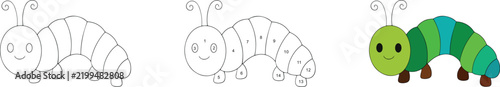 Caterpillar insect stained glass pattern, line art outline with color guide and colored version vector illustration EPS   