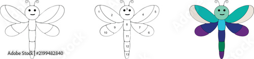 Dragonfly insect stained glass pattern, line art outline with color guide and colored version vector illustration EPS