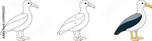 Seagull bird stained glass pattern, line art outline with color guide and colored version vector illustration  