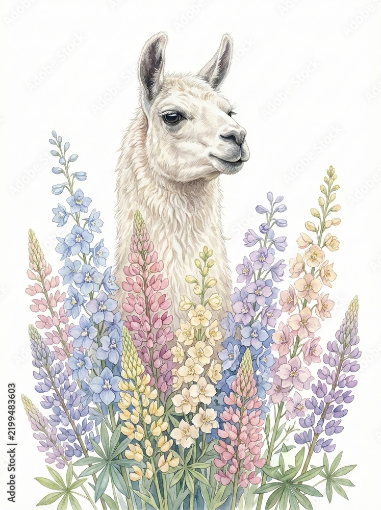 Fototapeta premium White llama portrait surrounded by tall colorful lupine flowers watercolor painting illustration