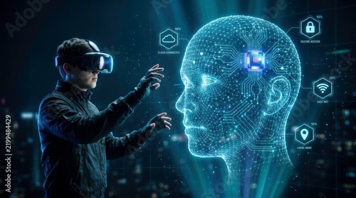 Virtual Reality Interaction: A man wearing a VR headset interacts with a futuristic holographic human head, symbolizing advanced technology and artificial intelligence.