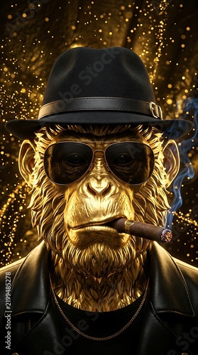 Chimpanzee in fedora hat and leather jacket holding lit cigar with golden sparkle effect