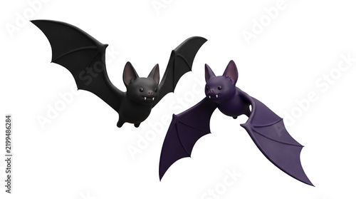 Two cute cartoon bats, one black and one purple, flying with their wings spread wide against a white background