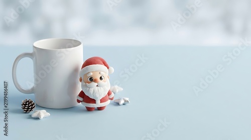 Blank white ceramic coffee mug mockup with cute 3D Santa Claus character, festive winter Christmas aesthetic background with empty copy space for holiday typography