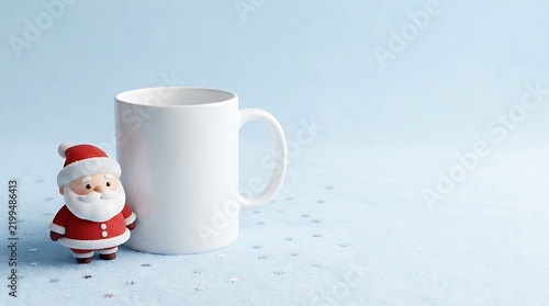 Blank white ceramic coffee mug mockup with cute 3D Santa Claus character, festive winter Christmas aesthetic background with empty copy space for holiday typography