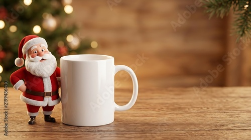 Blank white ceramic coffee mug mockup with cute 3D Santa Claus character, festive winter Christmas aesthetic background with empty copy space for holiday typography