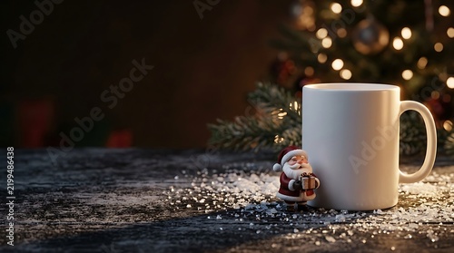 Blank white ceramic coffee mug mockup with cute 3D Santa Claus character, festive winter Christmas aesthetic background with empty copy space for holiday typography
