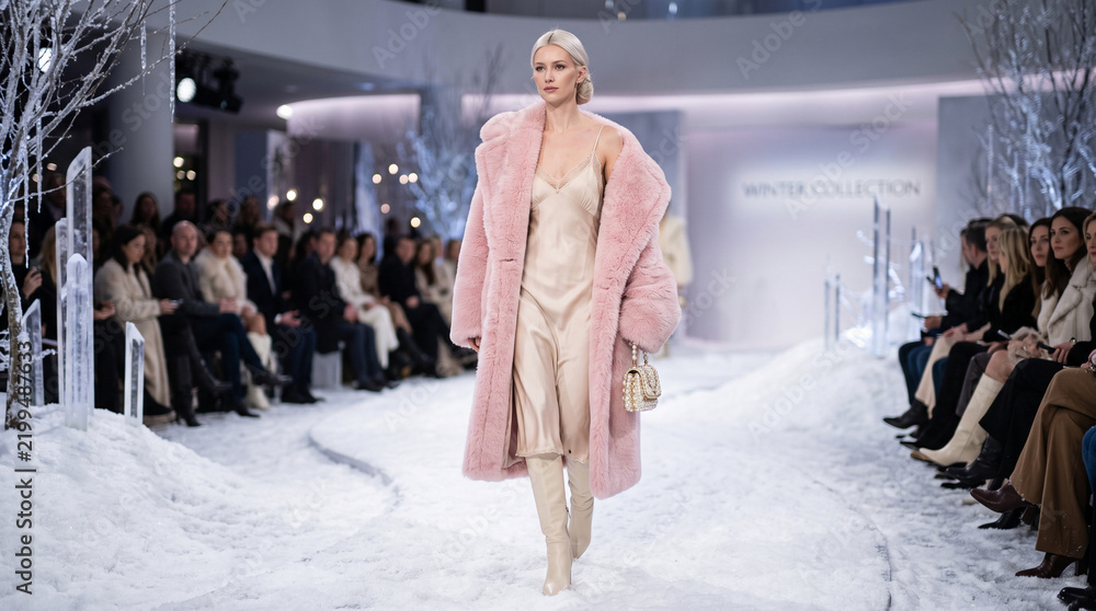 Obraz premium A model showcases a luxurious oversized pastel pink faux-fur winter coat over a silk dress on a pristine white runway.