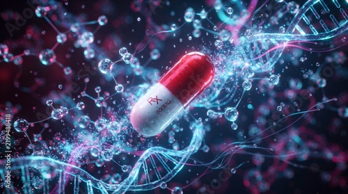 Pill of Life: A red and white capsule floats amidst a swirling vortex of DNA strands and molecular structures, representing the future of medicine and scientific innovation.