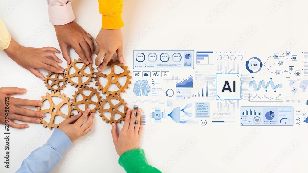 Obraz premium Collaborative Effort in Technology Advancement Featuring Hands and Gears with Artificial Intelligence Graphics and Data Visualizations. Entropy.