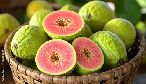 Whole and halved guava fruits 3D Illustration arranged in a tropical fruit basket