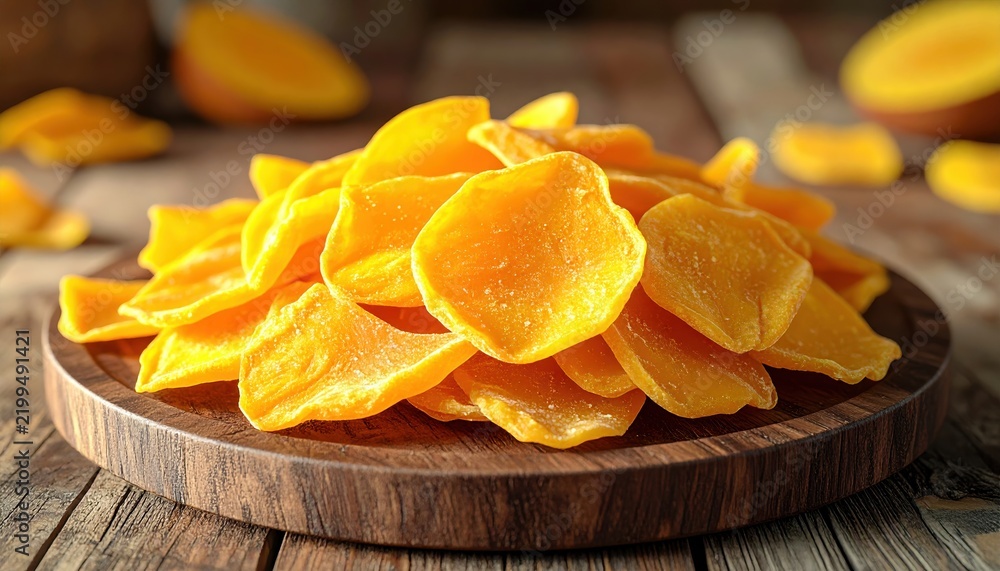 Obraz premium Dried mango slices 3D Illustration arranged on a rustic wooden plate in a warm tropical kitchen