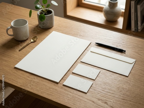 Branding stationery set arranged on a wooden desk