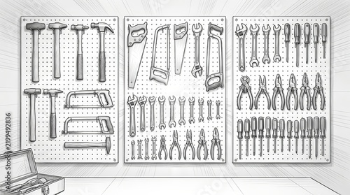 Hand tools such as hammers, wrenches, saws, and screwdrivers neatly arranged on three workshop pegboards.
