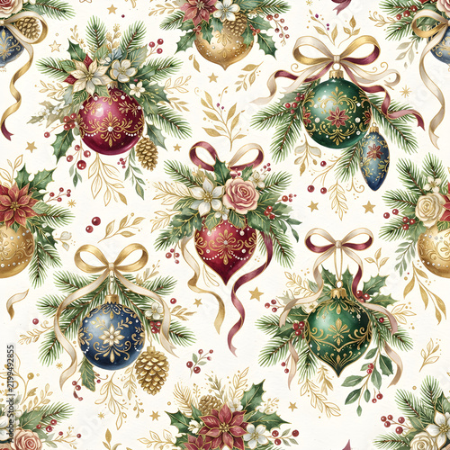 Hand-painted Christmas seamless pattern with richly decorated glass baubles, floral ornaments, golden accents, pine branches and delicate ribbons, watercolor and gouache texture, elegant artistic