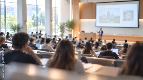 Professional audience attentively watching presentation in modern lecture hall with copy space