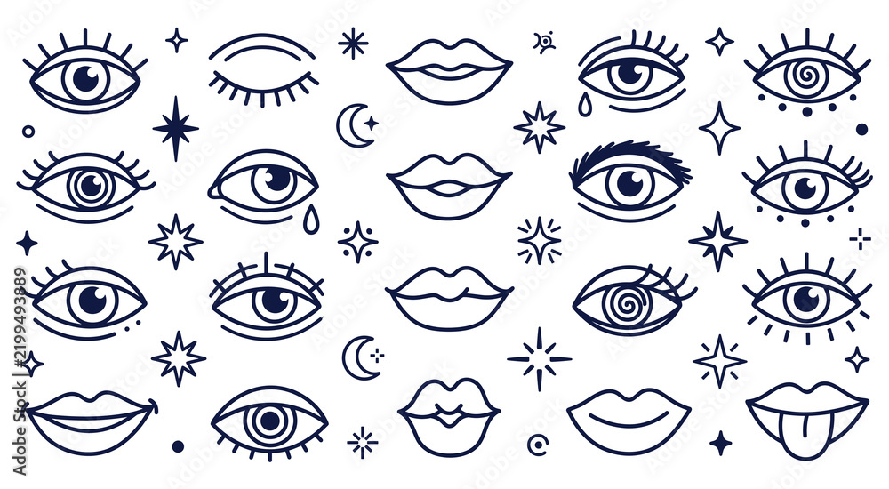 Obraz premium Mystical eyes lips set celestial magical icons design.