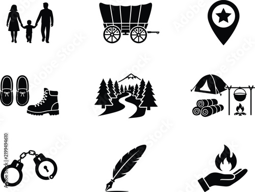 Pioneer and western adventure silhouette icon set featuring wagon boots camp forest handcuffs feather pen flame vector art.eps