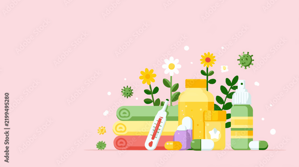 Fototapeta premium Thermometer, Medicine Bottles and Comfort Supplies Create Colorful Cold and Flu Home Recovery Vector Composition