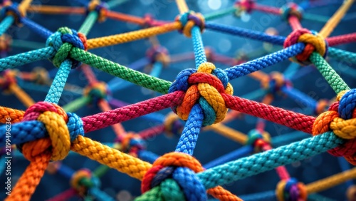 Intricate web of colorful knotted ropes creating vast network mesh for communication and data infrastructure.