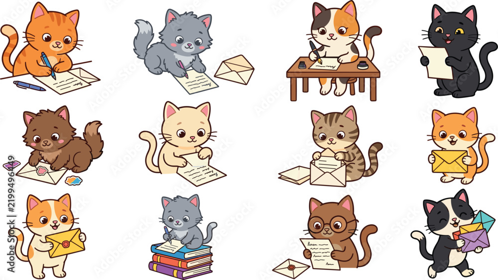 Obraz premium Cute Cartoon Cat Illustration Set Featuring Kittens Writing Letters, Reading Books, Sending Mail and Studying with Envelopes and Stationery