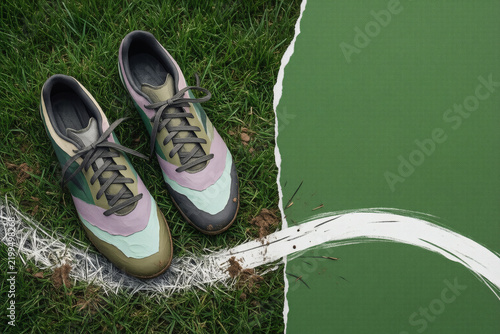Torn-paper collage of soccer cleats