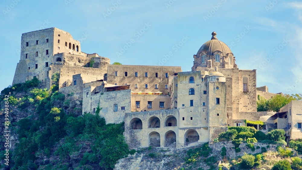 Fototapeta premium Closeup view of Aragonese Castle on the Island of Ischia, Italy