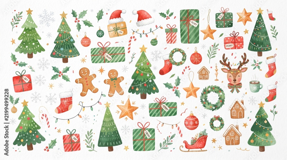 Naklejka premium Set of hand drawn watercolor christmas elements including trees gifts gingerbread men reindeer and festive holiday decorations