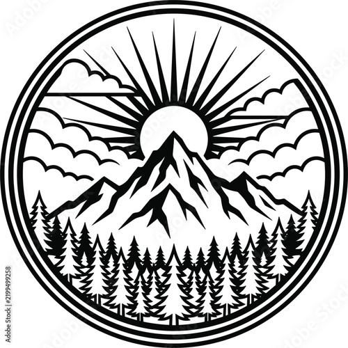 Vintage outdoor mountain landscape badge with pine forest sunburst and clouds circular line art logo vector.eps