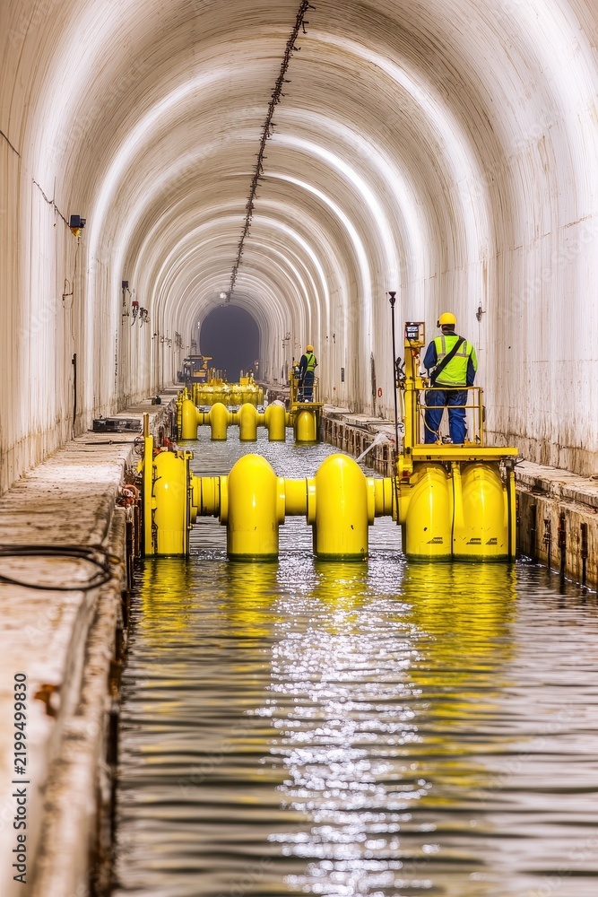 Fototapeta premium Workers in safety gear operate machinery in a long, submerged tunnel, maintaining vital infrastructure