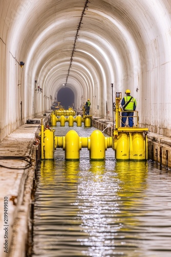 Workers in safety gear operate machinery in a long, submerged tunnel, maintaining vital infrastructure