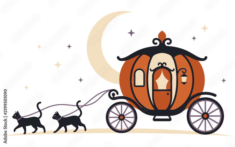 Obraz premium Magical Halloween pumpkin carriage with black cats under crescent moon