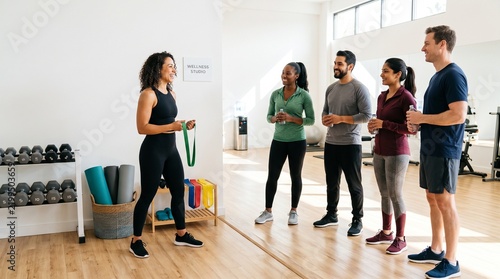 Office team gathers for a coached lunch break circuit