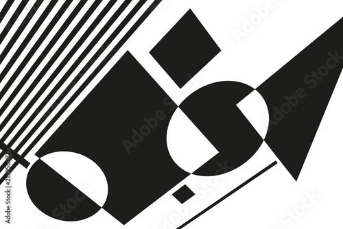 A dynamic black and white geometric abstract artwork, blending sharp angles, stripes, and contrasting shapes in a bold avant-garde style.
