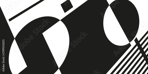 A dynamic black and white geometric abstract artwork, blending sharp angles, stripes, and contrasting shapes in a bold avant-garde style.