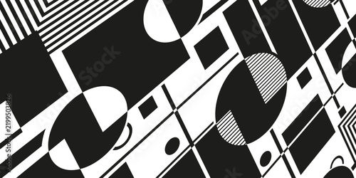 A dynamic black and white geometric abstract artwork, blending sharp angles, stripes, and contrasting shapes in a bold avant-garde style.