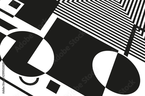A dynamic black and white geometric abstract artwork, blending sharp angles, stripes, and contrasting shapes in a bold avant-garde style.