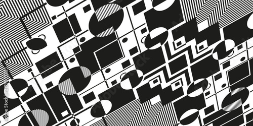 A dynamic black and white geometric abstract artwork, blending sharp angles, stripes, and contrasting shapes in a bold avant-garde style.