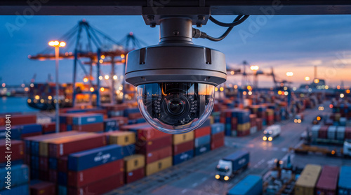 Security camera captures activity at port with shipping containers and cranes during dusk