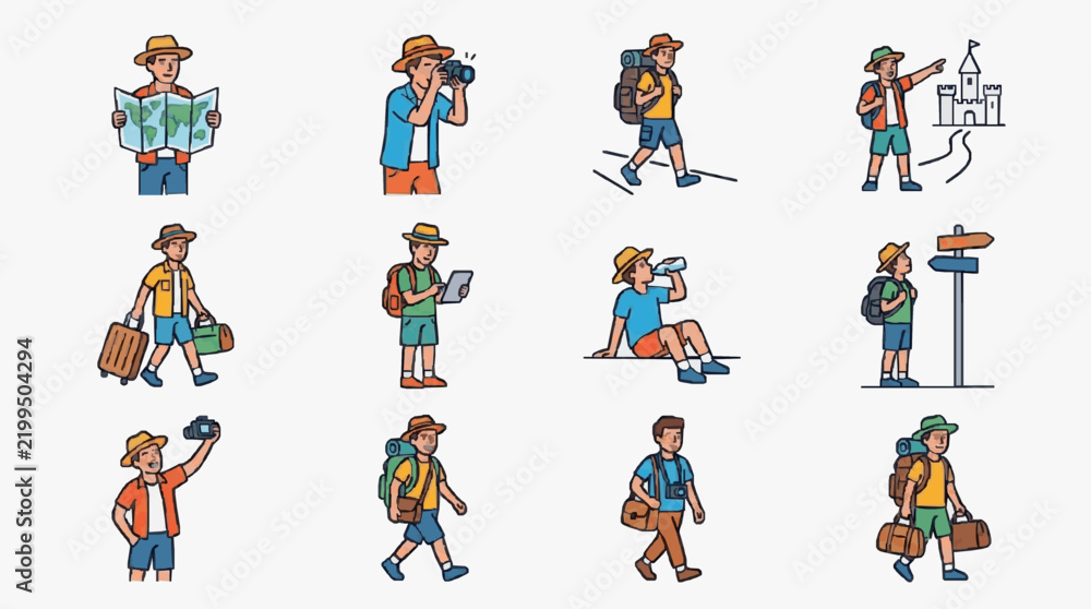 Fototapeta premium Sleek Colorful Illustrated Set of 12 Travel Adventure Icons Showcasing Tourists with Hiking Gear Maps Cameras and Luggage